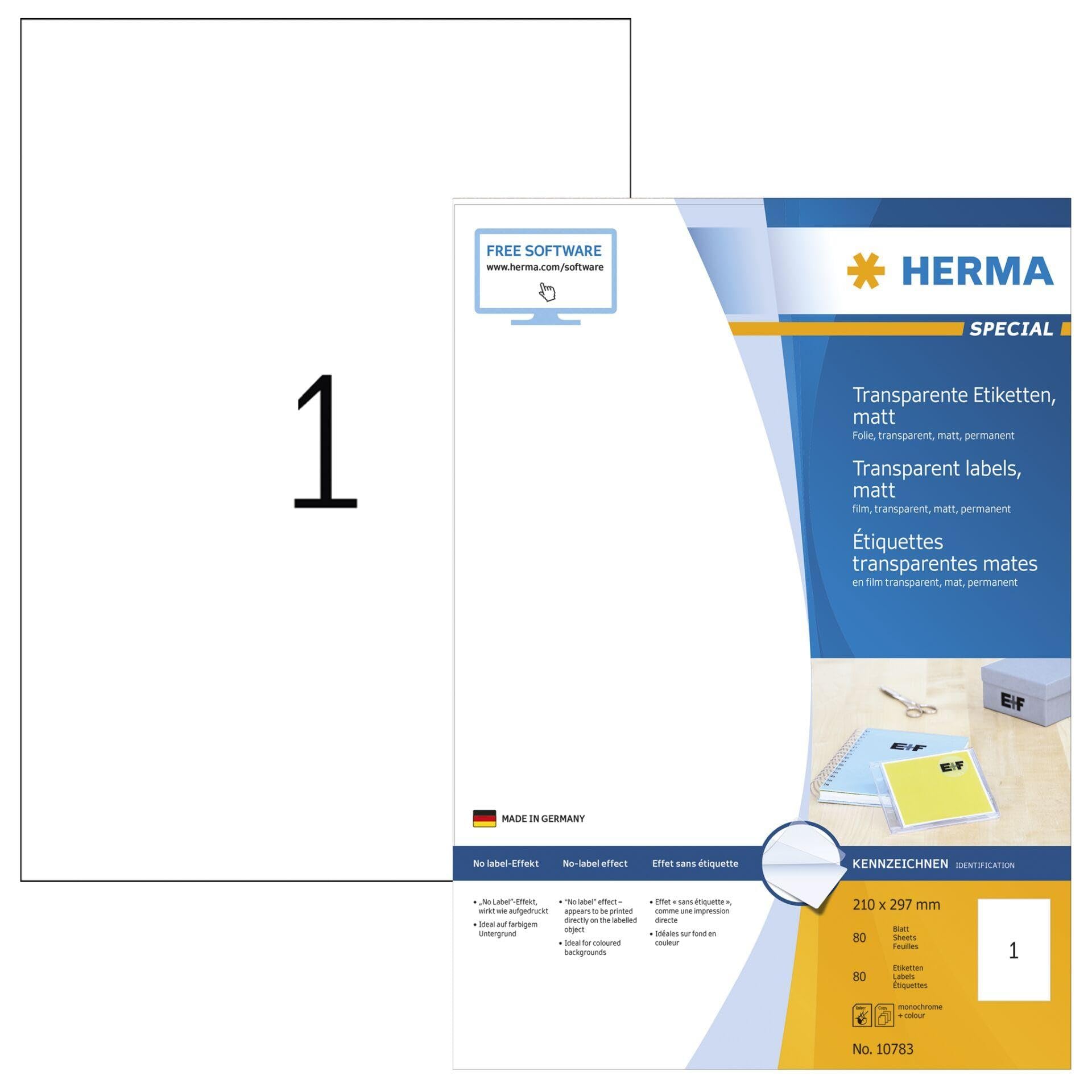 HERMA 10783 - Etiquetas de papel de aluminio (210 x 297 mm, 80 hojas, película de poliéster, mate), autoadhesivas, imprimibles, permanentes, 80 etiquetas adhesivas, transparentes