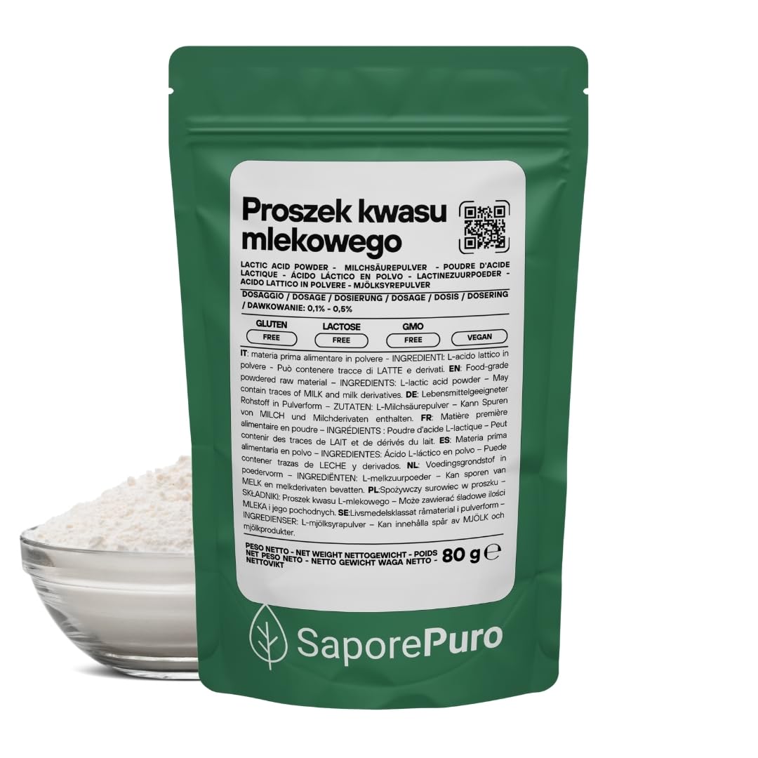 SaporePuro Kwas Mlekowy w Proszku 80 g – Czysta Jakość Spożywcza – Do Piekarnictwa, Nabiału, Napojów Fermentowanych i Zastosowań Kosmetycznych