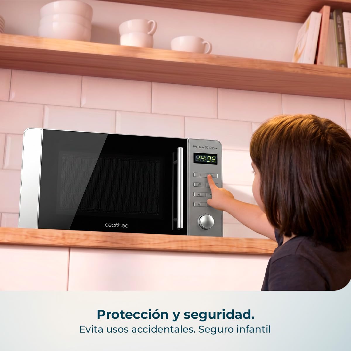 Cecotec Microondas Proclean 5010 Inox Wave. 700 W, Capacidad de 20 L, Revestimiento Ready2Clean, 5 Niveles Funcionamiento, 8 Programas, Tecnología 3DWave, Temporizador, Diseño Frontal y Tirador Inox