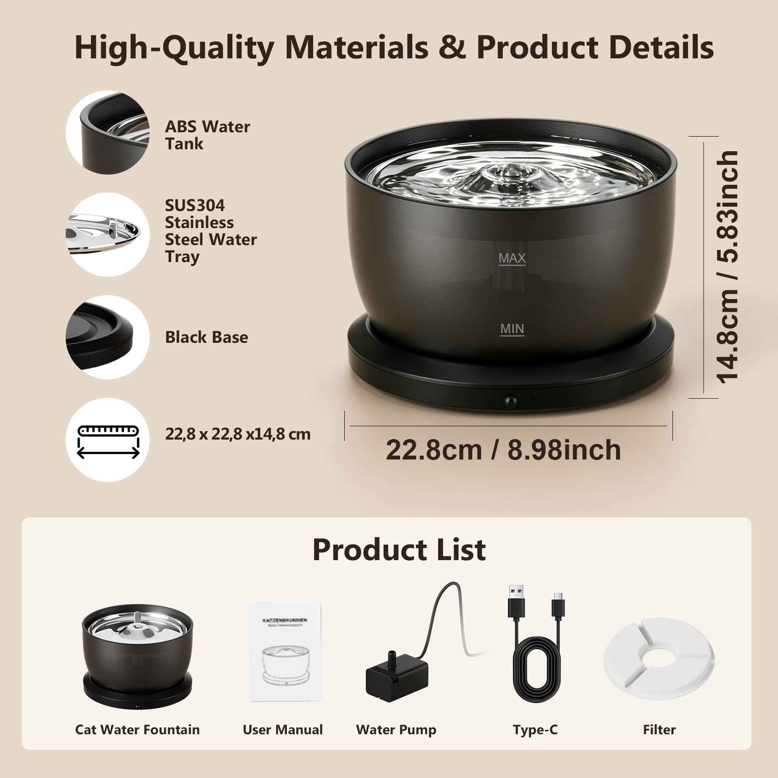 Fontana per gatti senza fili con sensore di movimento, a batteria, 4000 mAh, 20 dB, ultra silenziosa, facile da pulire, senza BPA
