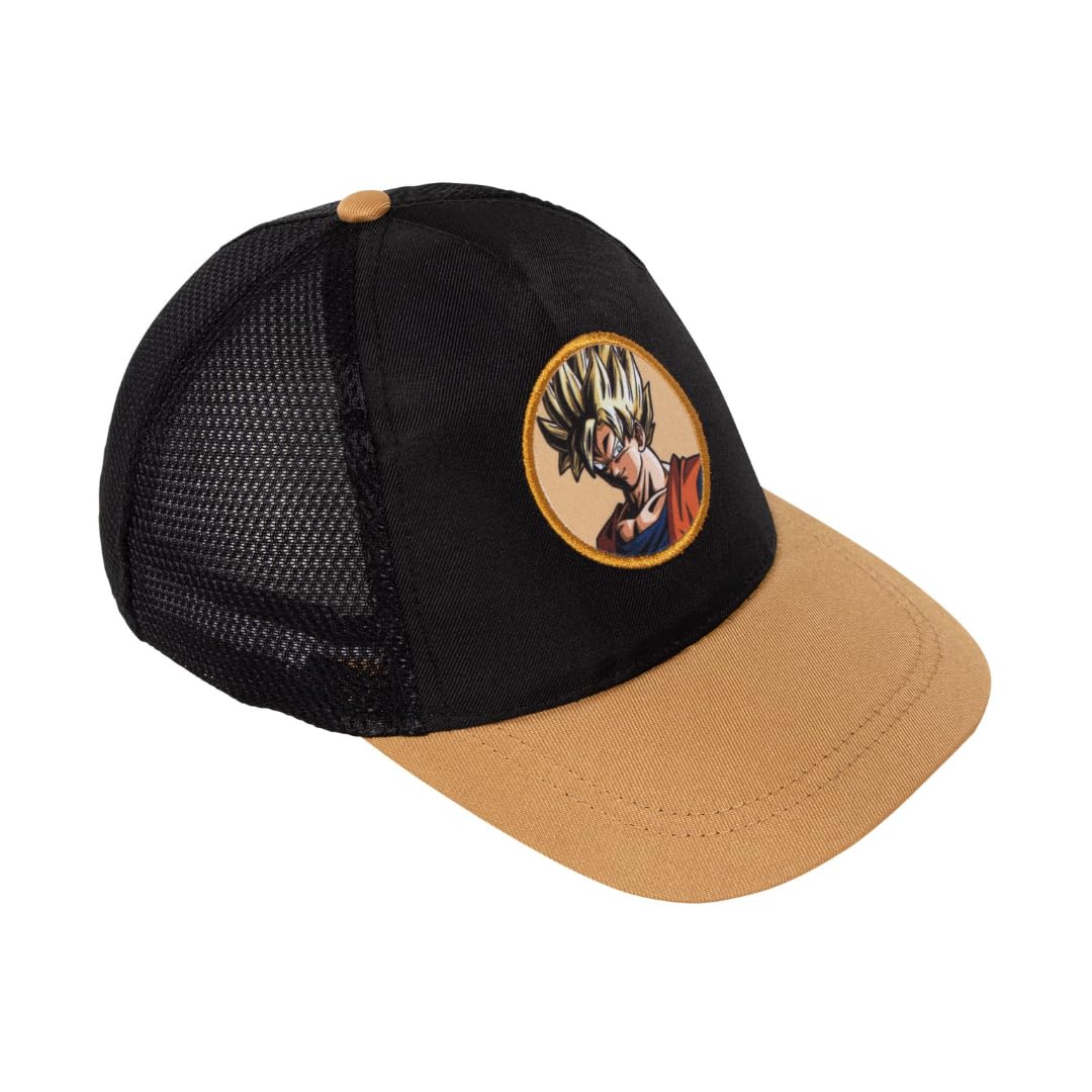 Gorra Dragon Ball Z para Niño y Juvenil, Gorra Infantil de Visera con Rejilla, Negra y Marrón, Bordados Frontal y Lateral, Talla Única 51-54 Centimetros