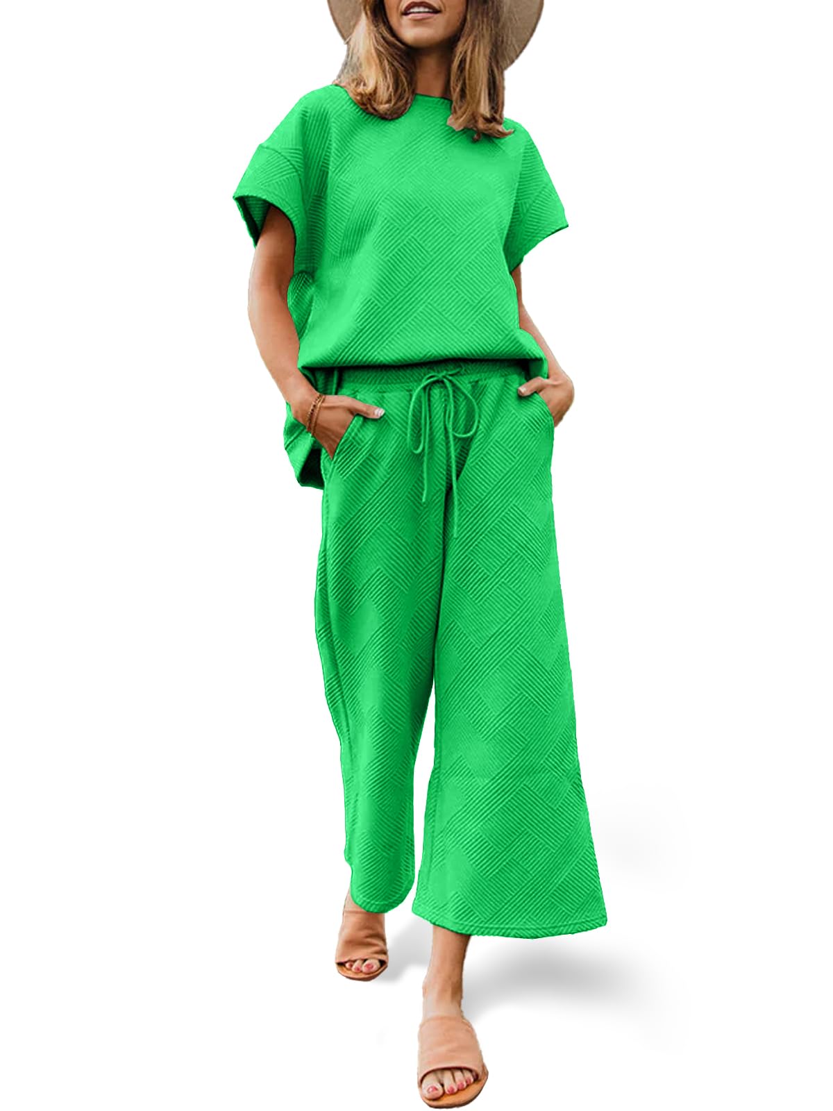Fazortev Womens 2 Piece Outfits Sweatsuit Short Sleeve Tops and Drawstring Waist Cropped Wide Leg Pants Loungewear Sets