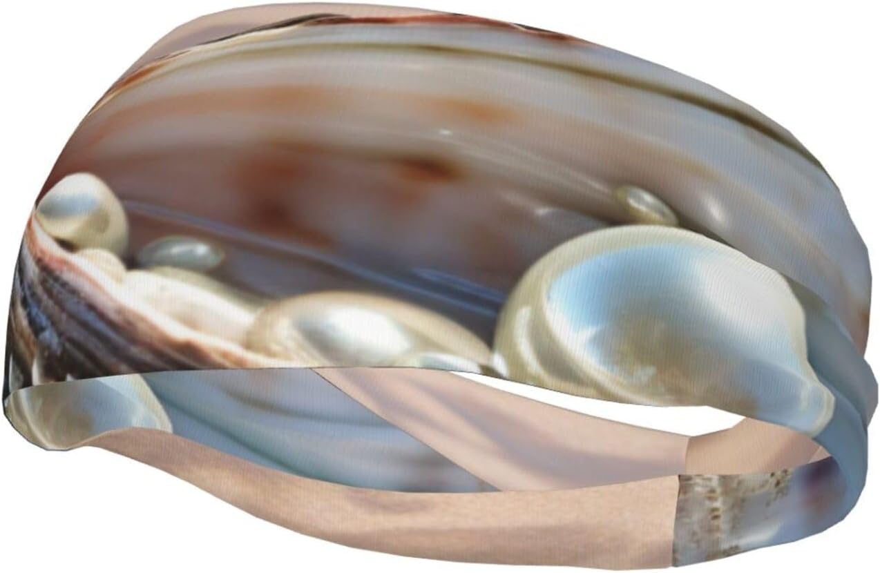 Sports Sweatband Head Bands Lightweight Breathable Non Slip Workout Headbands Ocean Beach Mussel Pearl Hairband for Women Men Fitness Running Cycling Hiking Yoga