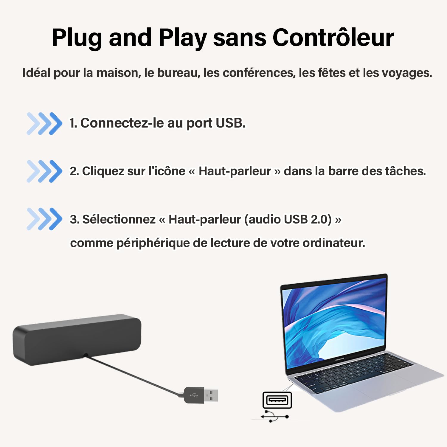 Haut-Parleur d'ordinateur, Haut-Parleur alimenté par USB pour Ordinateur de Bureau, PC Windows, Ordinateur Portable. Mini Barre de Son Portable - Plug and Play