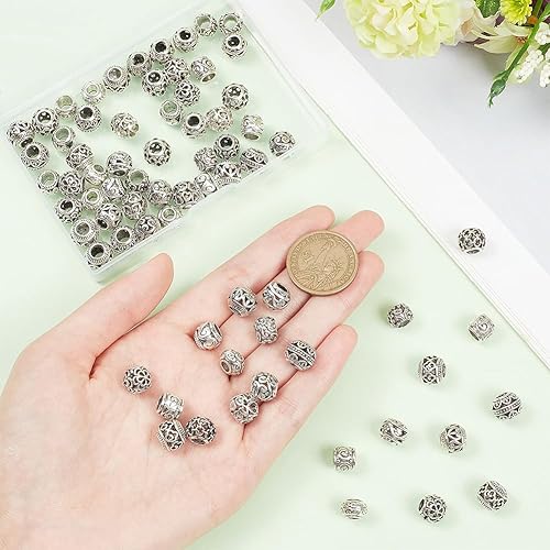 Miniatura 3 de PH PandaHall 72 cuentas espaciadoras plateadas para la fabricación de joyas, 12 estilos de cuentas de agujero grande, cuentas europeas huecas