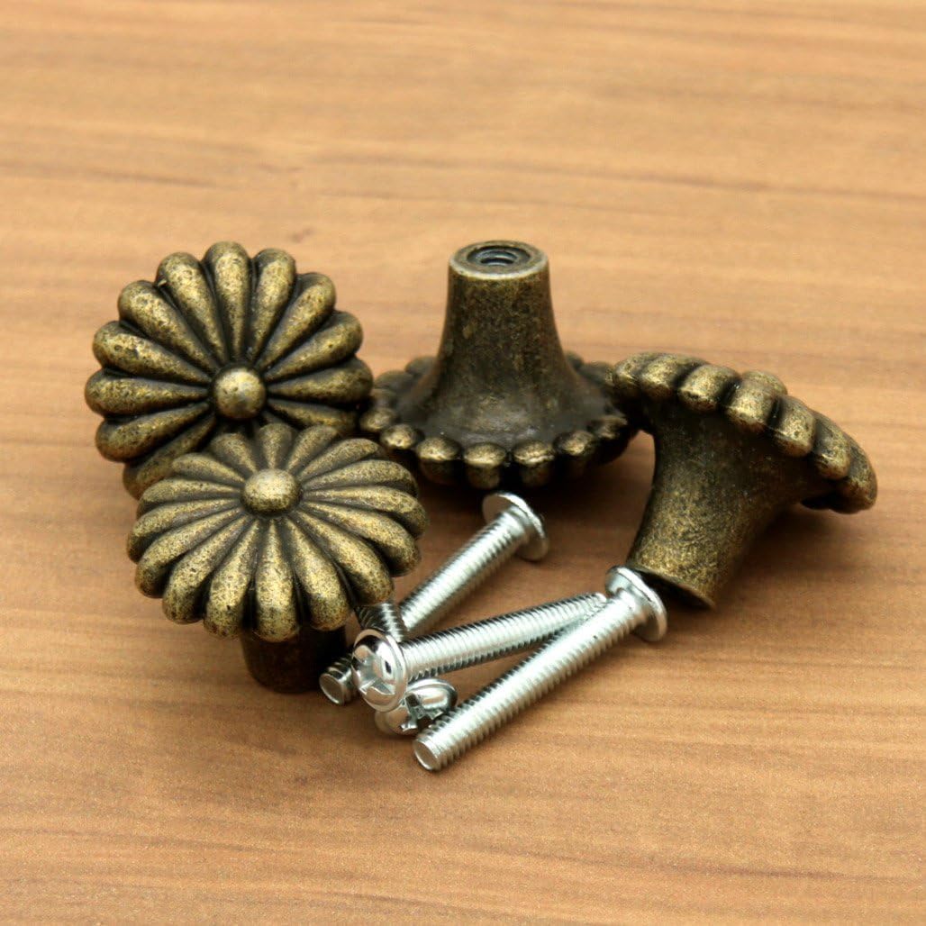 LXZ 8 PCs Vintage Antique Brass Knobs Handles – Distressed Antique Brass Knob Pulls with Embossed Flower Pattern, Diameter 1.1-in (27 mm) Height 0.9-in (22 mm)