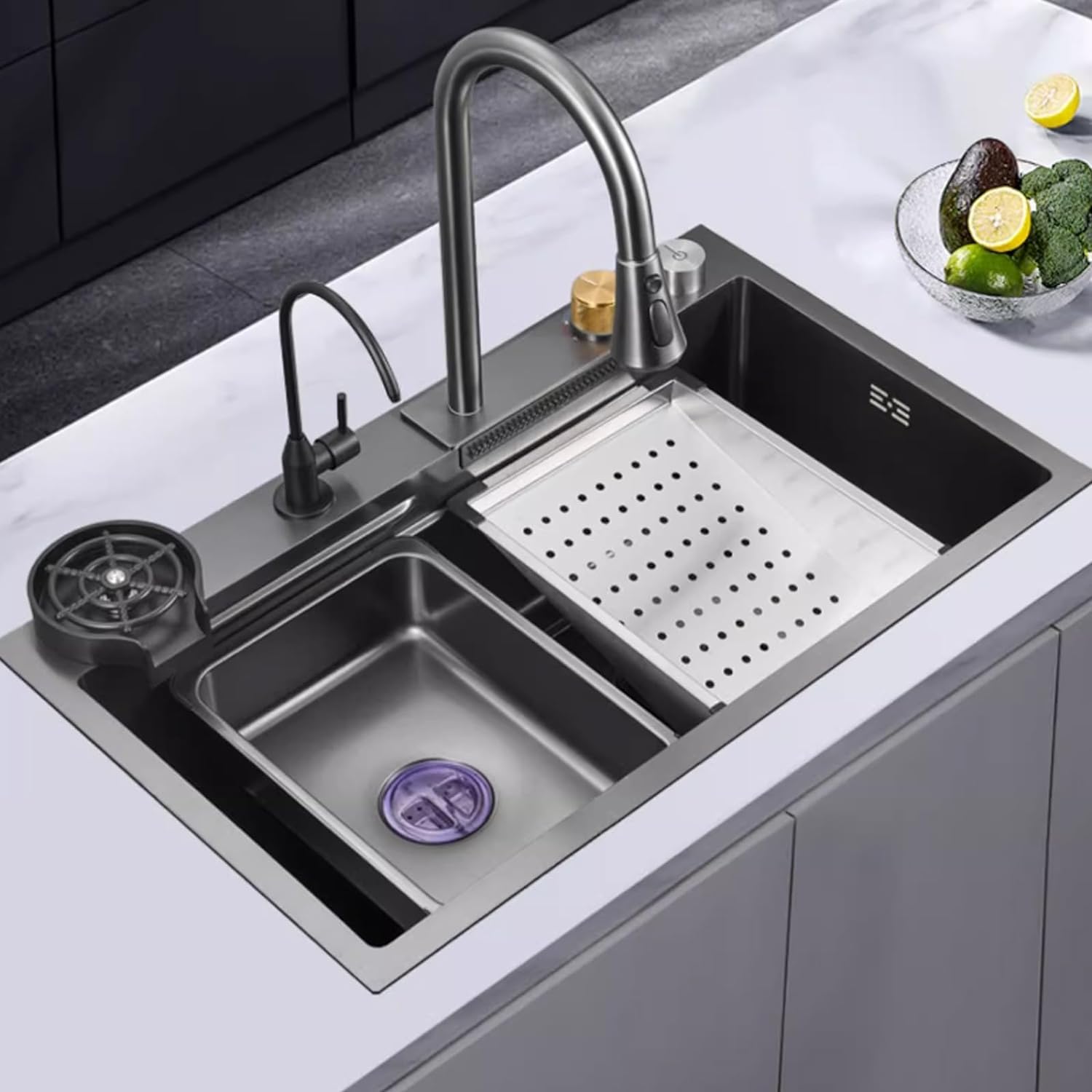 Fregadero de Cocina Negro con Grifo Tipo Cascada, lavavajillas de Acero Inoxidable, Grande, para Restaurante, Accesorios completos (tamaño: 75 x 45 cm)