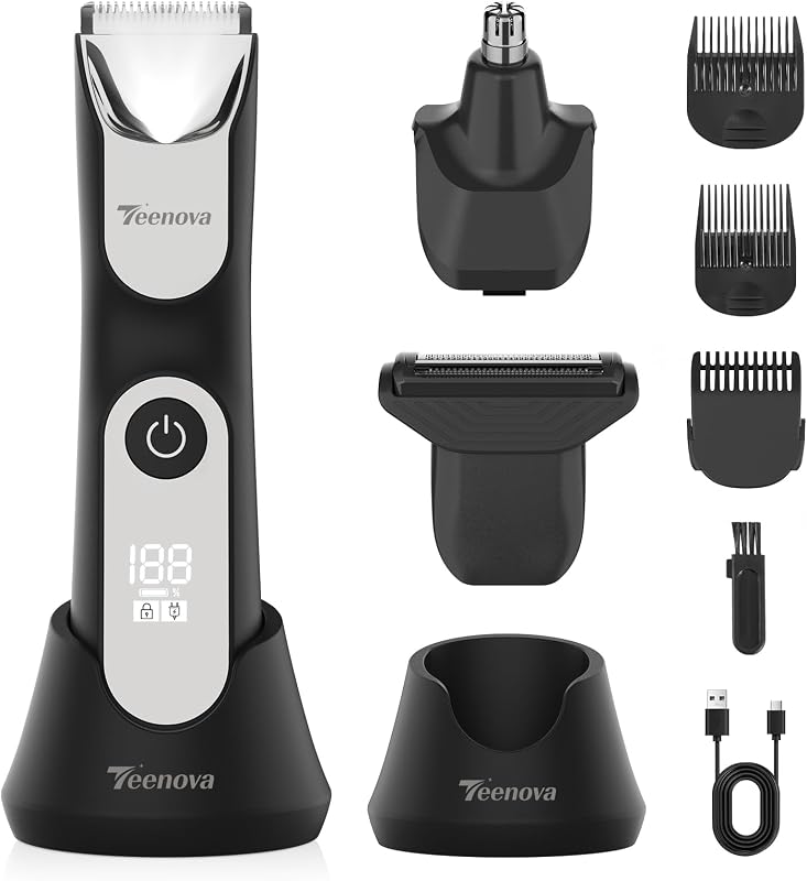 Aparador corporal TEENOVA T-X4 3 em 1, lâmina cerâmica, cabeça para nariz e orelhas, carregamento USB com base, visor LED, Silver
