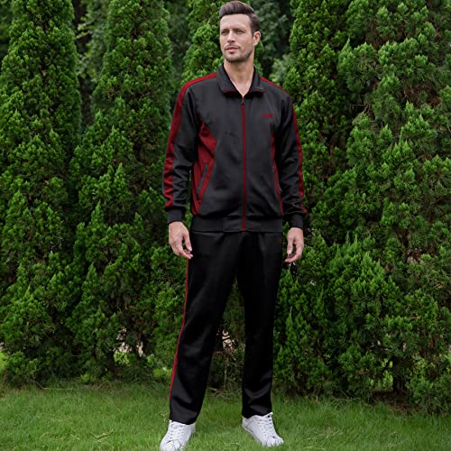 November's Chopin Running Tracksuit For Men Sets With Full Zip Colorblock Drawstring Casual Athletic Wear Black Maroon X-Large #TOP4