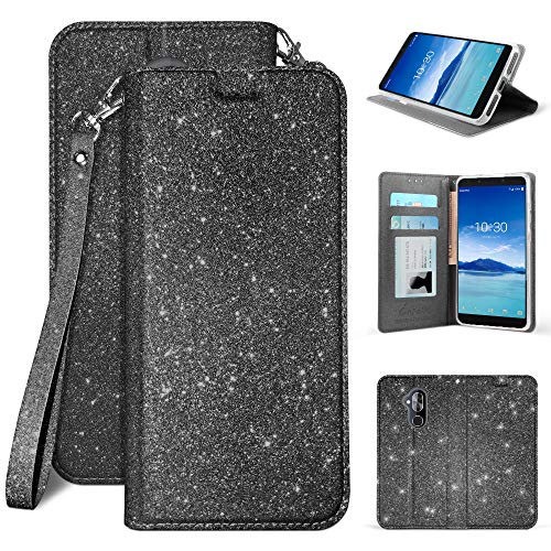 Beyond Cell INFOLIO Compatible with Alcatel 7/ Alcatel Folio/ReVVL 2 Plus Case/Infolio Glitter Wallet Cover with Wrist Strap Invisible Magnetic Closure - Black