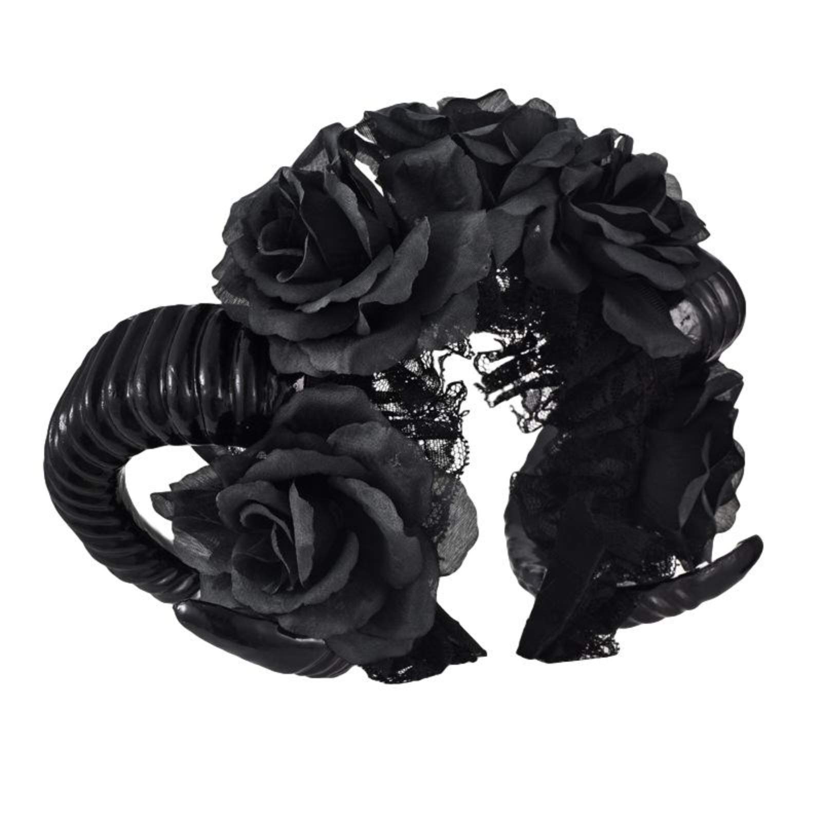 Ro Rox Gothic Ram Horns Sinister Evil Headband Roses Garland Satanic Headpiece - Black Roses - Image 2