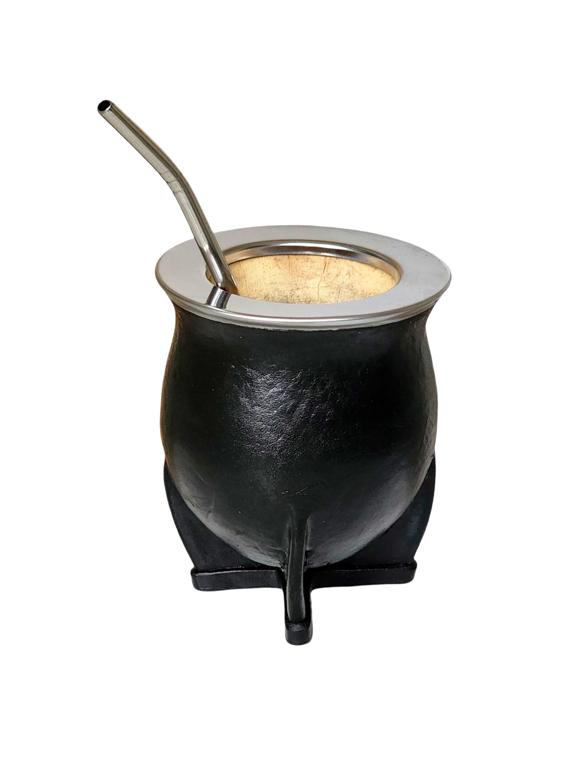 Taza Mate Argentino Hecho de Calabaza Natural - Mate de Calabaza con Exterior de Cuero Negro y Borde Liso de Acero Inoxidable - Incluye Bombilla