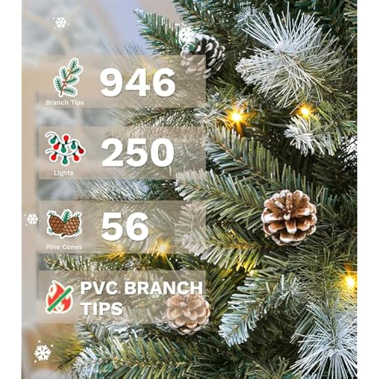 DWVO Prelit Christmas Tree 6ft with 56 Pine Cones & White Pine Needle, Atificial Tree with 250 LED Lights, Full Green Xmaxs Trees with 946 Metal Hinged Branch Tips & Stand Remote Controlled