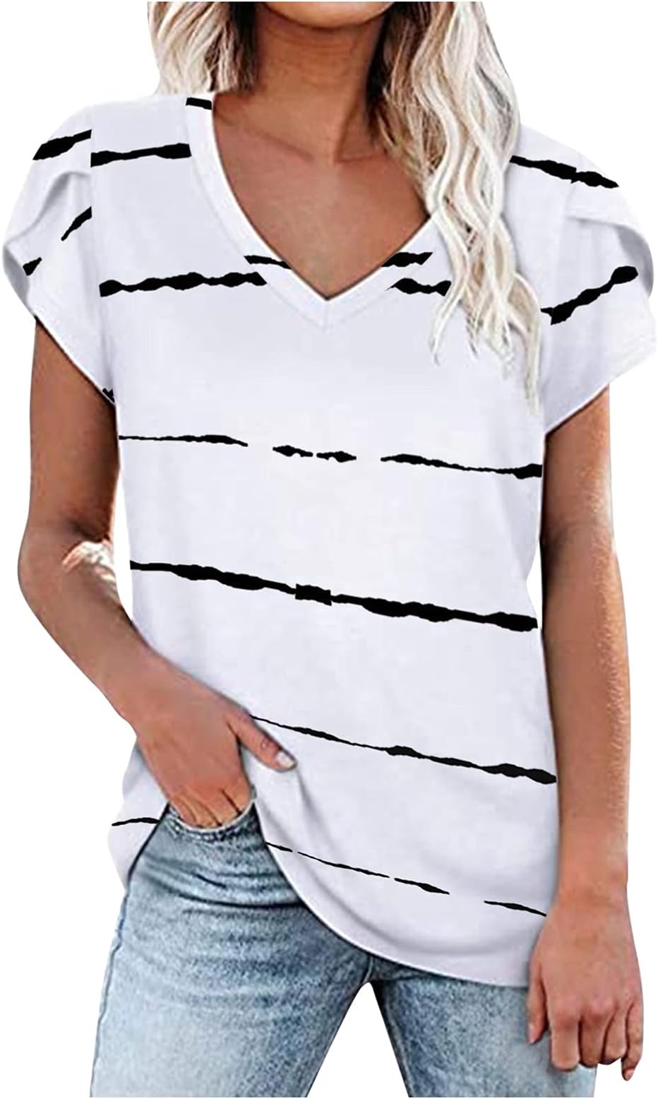 Women's Short Sleeve Tunic Tops Basic Loose V Neck T Shirts Solid Color Batwing Sleeve Blouse Summer Casual Tee