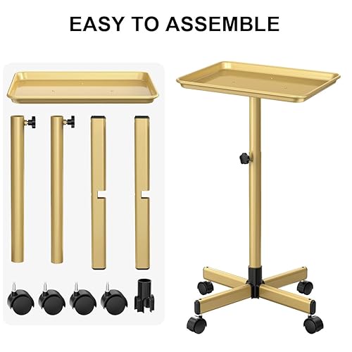 Vista 8 de Bandeja para salón de belleza, bandeja de aluminio de alta calidad, bandeja rodante de salón de oro champán, carrito utilitario de altura ajustable