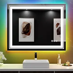 LED Mirror for Bathroom, 40"X32" with 8 RGB Backlit +3 Front Lit (Adjustable Individually), Anti-Fog, Lighted Bathroom Vanity Mirror for Wall, Shatterproof, Memory Function, Tempered Glass