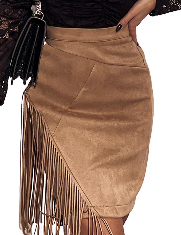 Kinghua Women's Suede Fringe Skirt High Waisted Bodycon Pencil Mini Skirt