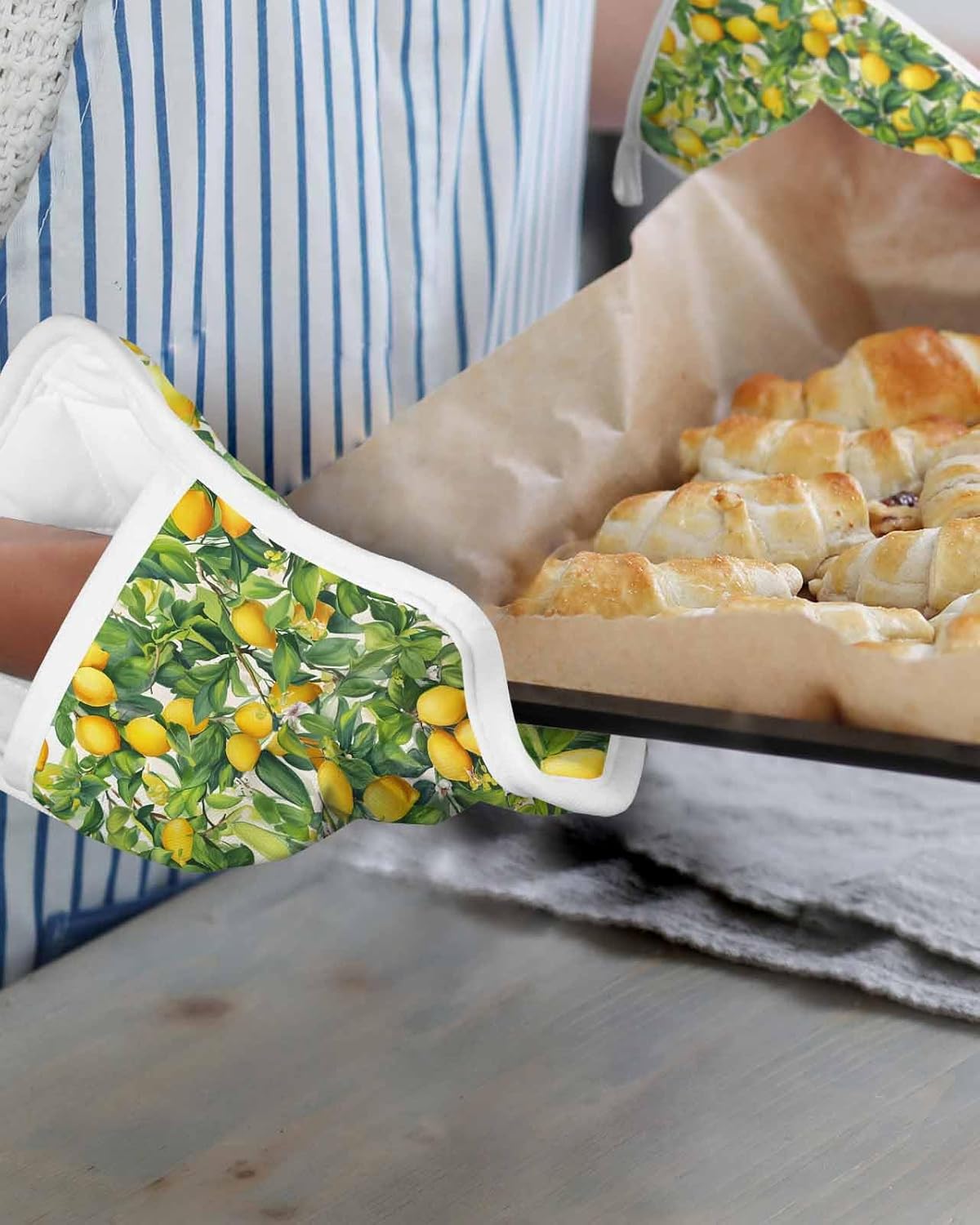 5 Pack Pot Holder with Pocket, Watercolor Yellow Lemon Green Leaves Kitchen Potholders Heat Proof Non Slip Pot Holders Sets, Farm Fruit Flower Hot Pads Potholder for Cooking Baking BBQ