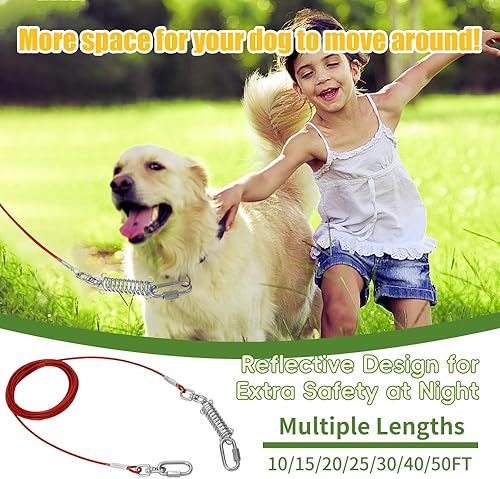 Miniatura 7 de Cable de amarre para perros, 102050100150 pies, camino de perro para patio, cable de alambre de acero para perros con clips superiores duraderos,