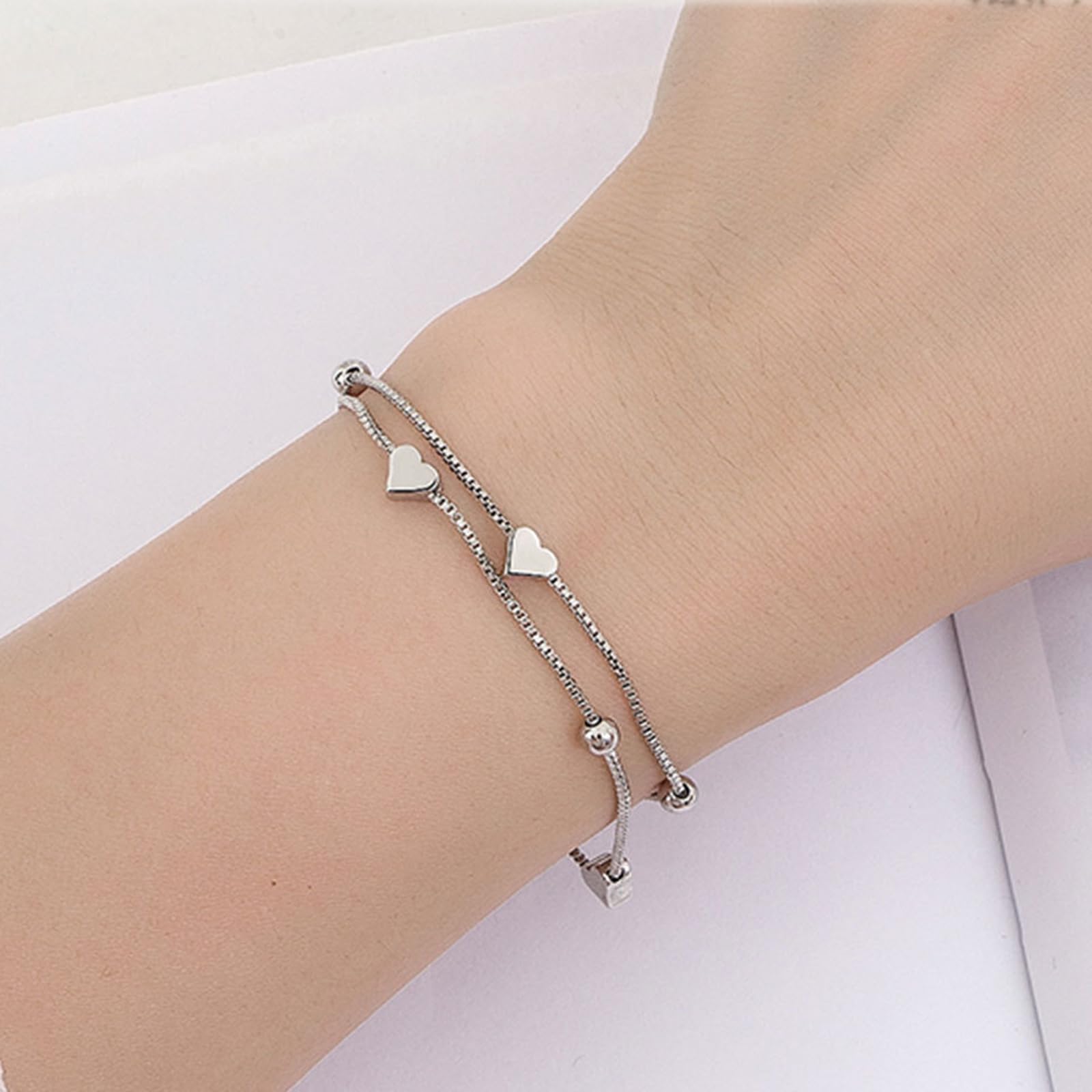 Braccialetto Donna Doppio Strato per Le Donne Hollow Bead Heart Design Gioielli Regolabili Trendy Fashion Accessory-Bianco