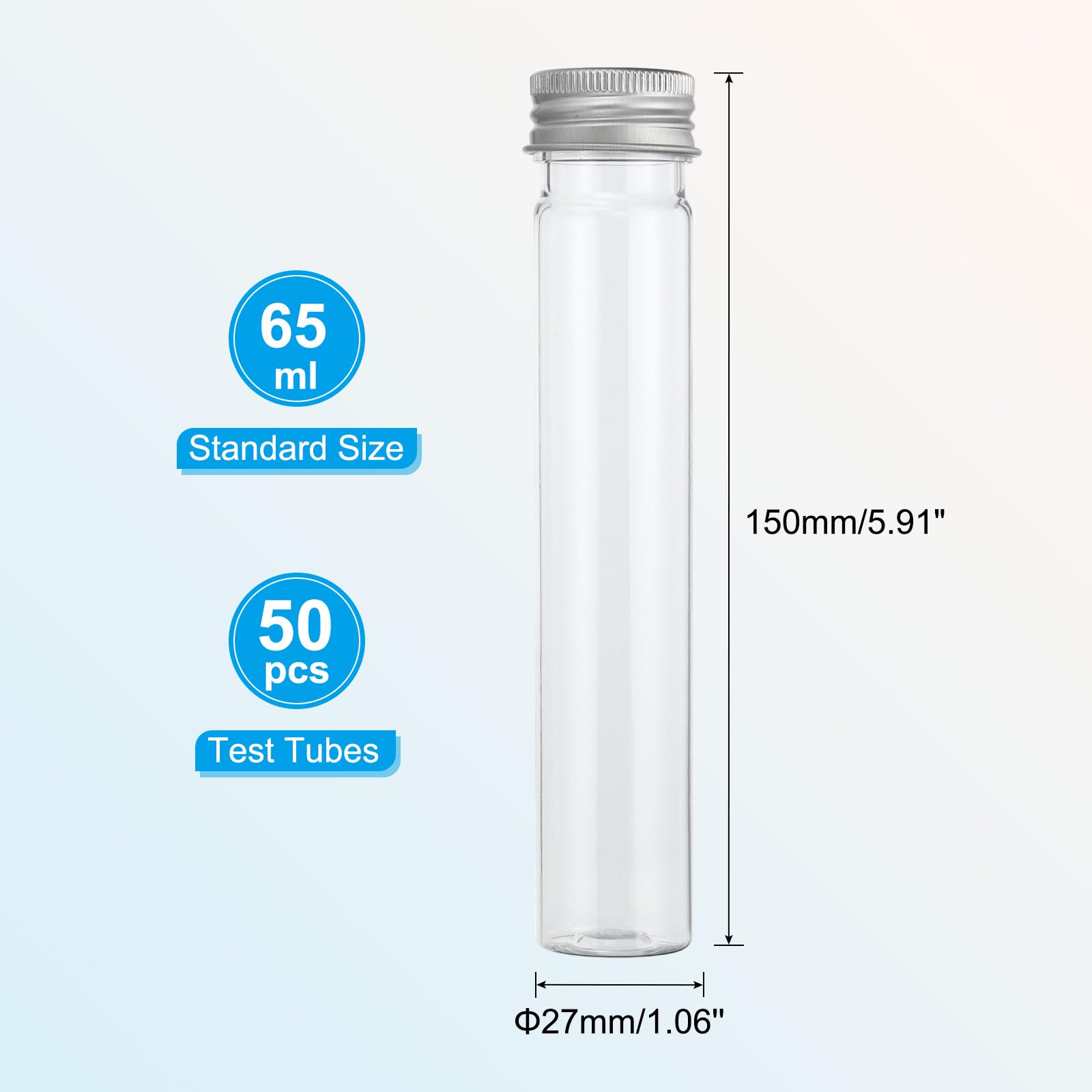 PATIKIL 65 ml probówki, 50 szt. 5,91 x 1,98 cm przezroczyste plastikowe rurki z płaskim dnem i pokrywkami do przechowywania koralików, cukierków, soli do kąpieli, srebro