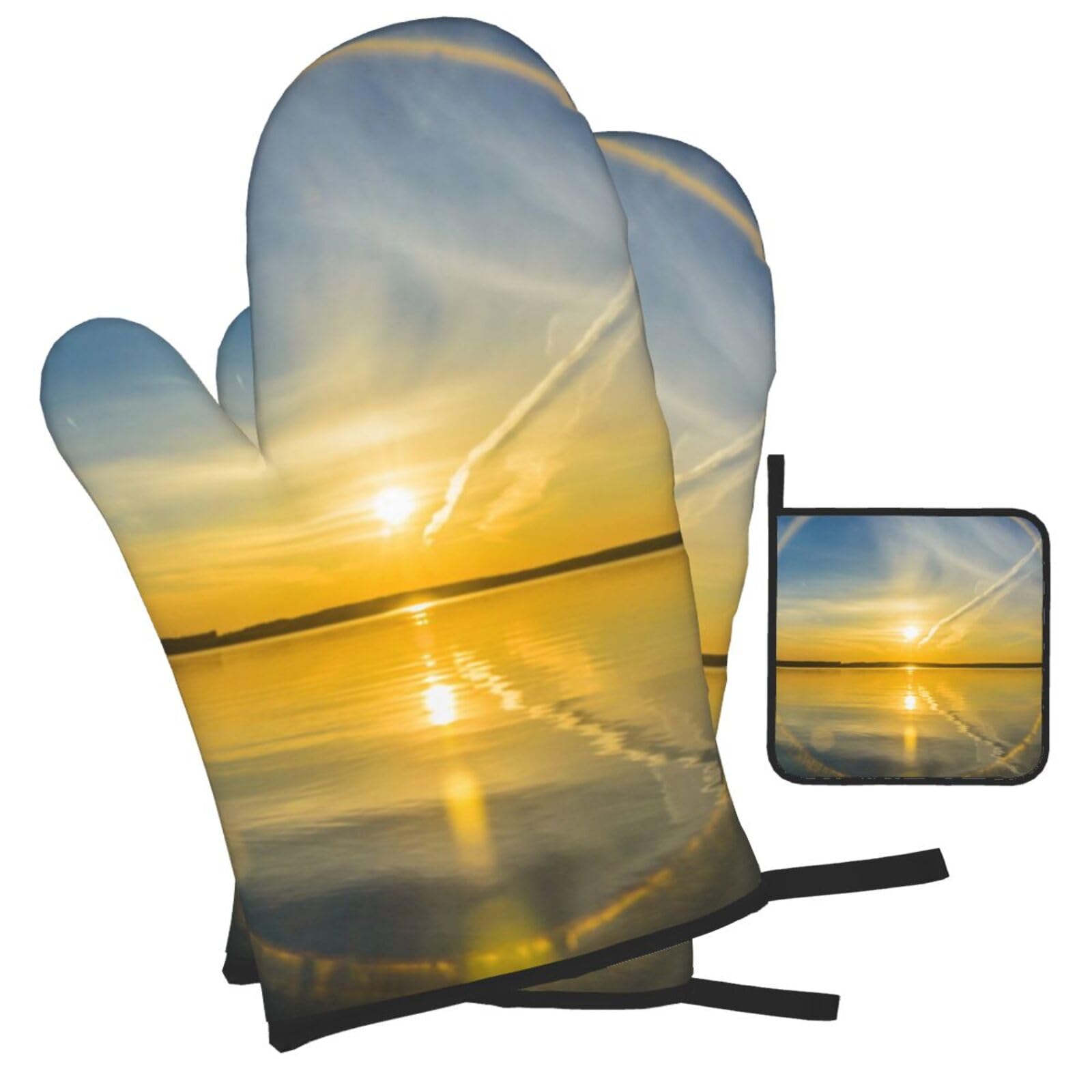 Sunrise horizon Printed Oven Mitts and Pot Holders Heat Resistant Set of 3 Pcs, Modern Kitchen Gloves & Potholders for Cooking Baking Grilling