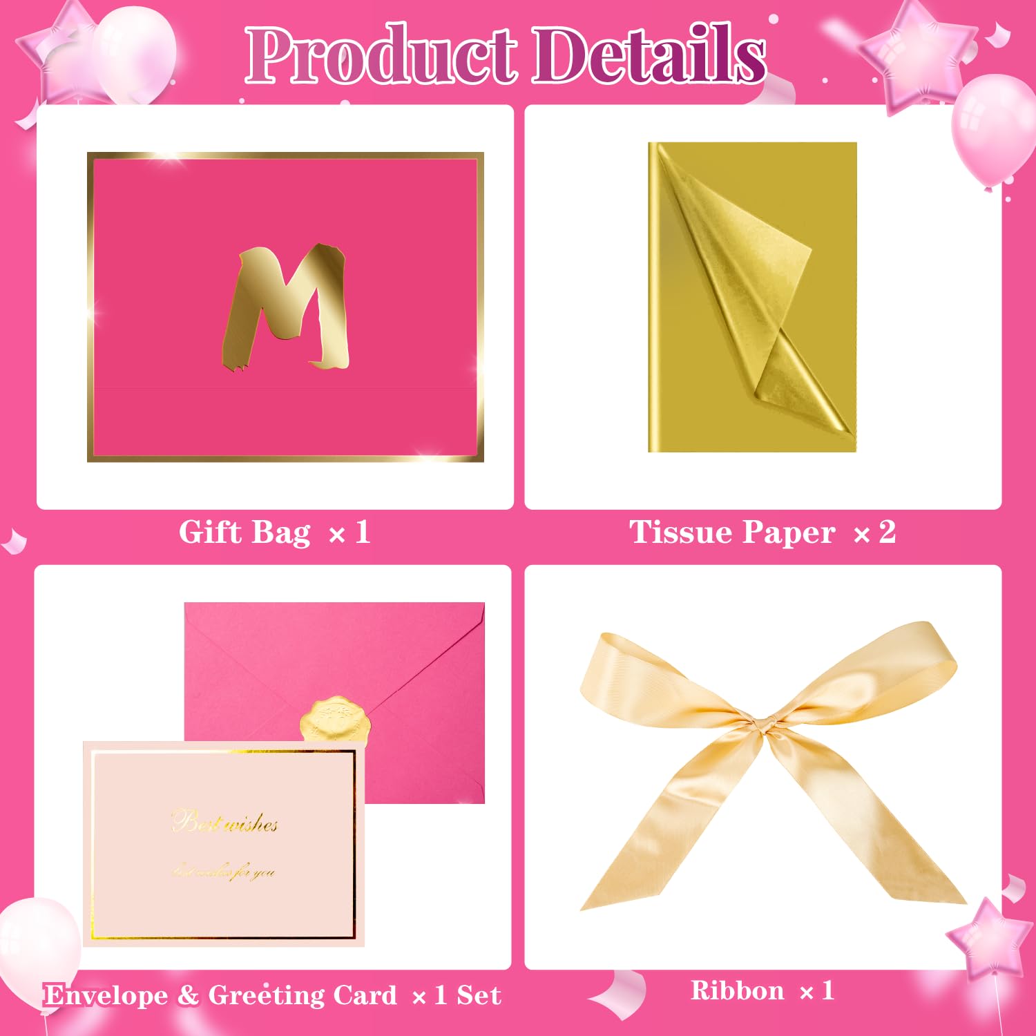 XiaosRen Personalized Gift Bag with Card and Tissue Paper, 12.6" Paper Bag with Ribbon for Women Girls Birthday Anniversary Wedding Bridesmaid (Hot Pink, M)