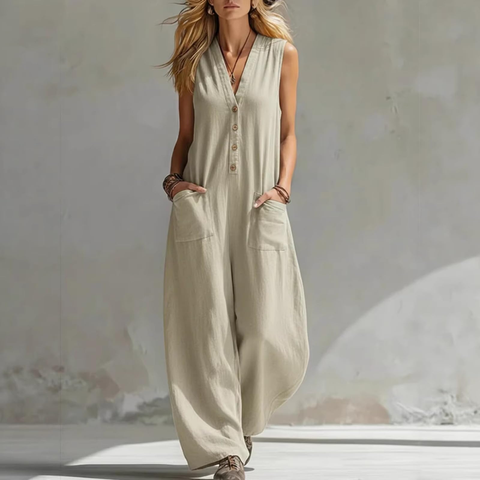 Mujeres Mono Sin Mangas con Escote en V y Botones, Pantalones