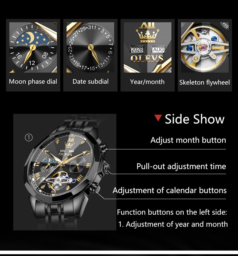 Image of OLEVS Men Automatic Watch Diamond Skeleton Mechanical Luxury Self Winding Moon Phase Calendar Waterproof Wrist Watch for Men