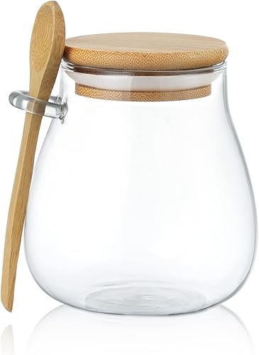Joeyan Tarro de vidrio con tapa hermética de bambú y cuchara adjunta, recipiente de condimentos para especias de azúcar y sal de 12 onzas, olla