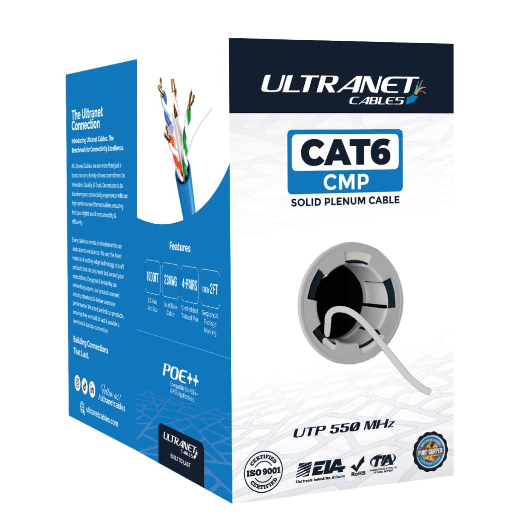 Cat6 Plenum (CMP) 1000ft Cable | 23AWG, 0.57mm 100% Solid Copper Conductors | 550 MHz, 4 Pair UTP | Tested with DSX-8000 Analyzer Up to 100 Meters |