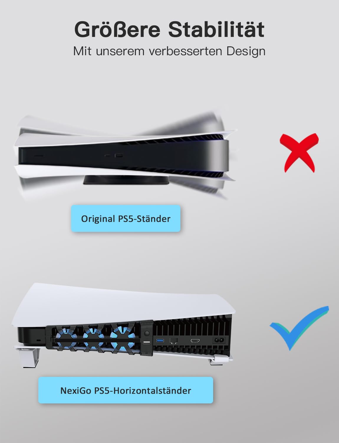 NexiGo PS5 Horizontaler Ständer mit Kühlventilator, [Auto EIN/Aus], [Minimalistisches Design], Kompatibel mit PlayStation 5 Disc & Digital Editions, Integriertes LED-Licht
