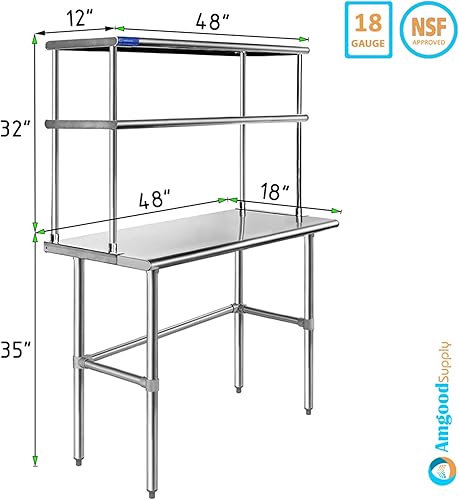 Miniatura 2 de Mesa de acero inoxidable de 18 x 48 pulgadas con mesa de base abierta + estante  Banco de cocina comercial y residencial para lavandería, garaje