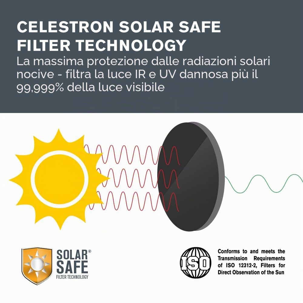 Celestron 71238 EclipSmart 10x42 Binocolo solare Porro - ISO 12312-2, impugnatura in gomma, ottica con rivestimento multiplo, vetro BK7, laccetto da collo e custodia morbida per il trasporto, nero