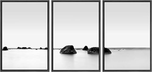 SIGNWIN Lienzo enmarcado para pared, juego de arte de lago rocoso blanco y negro, paisaje marino zen, naturaleza, desierto, fotografía, realismo,