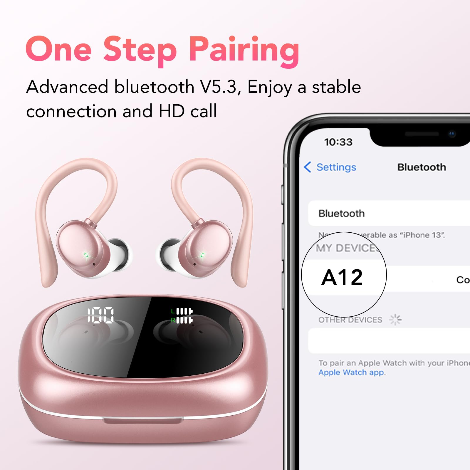 Auriculares Inalambricos, Auriculares Bluetooth 5.3 Deportivos con Gancho de la Oreja, 72H Cascos Inalambricos Bluetooth con Cancelacion Ruido ENC, Pantalla LED, Ajuste Cómodo,IPX7 Impermeable Cascos — view 5