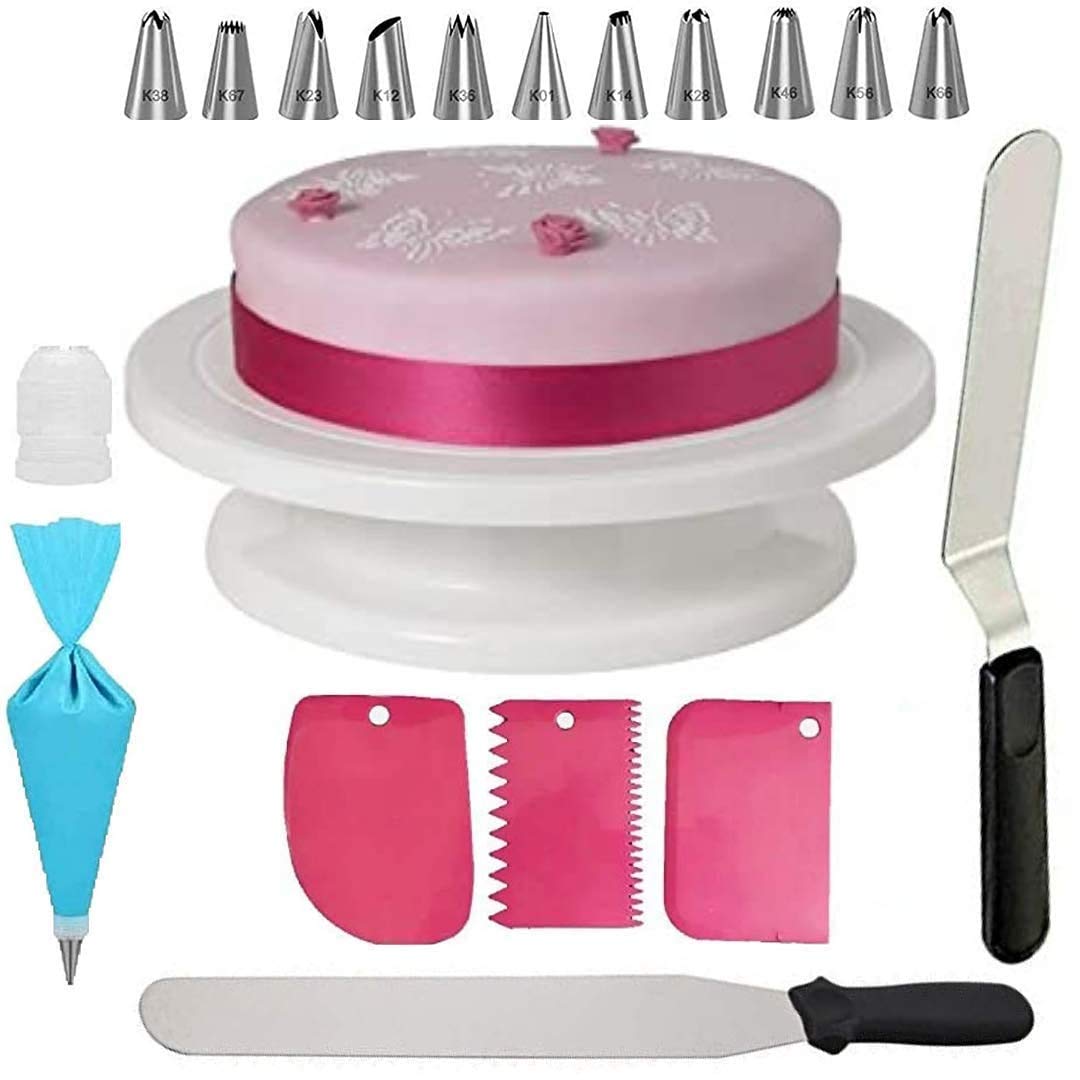 Baking Set Cake Making Turn Table, 12 Steel Nozzles Coupler with Piece Frosting Piping Bag, 2Pcs Icing Spatula Set and 3 Pieces of Dough Scrapper | Cake Decoration Tools and Accessories