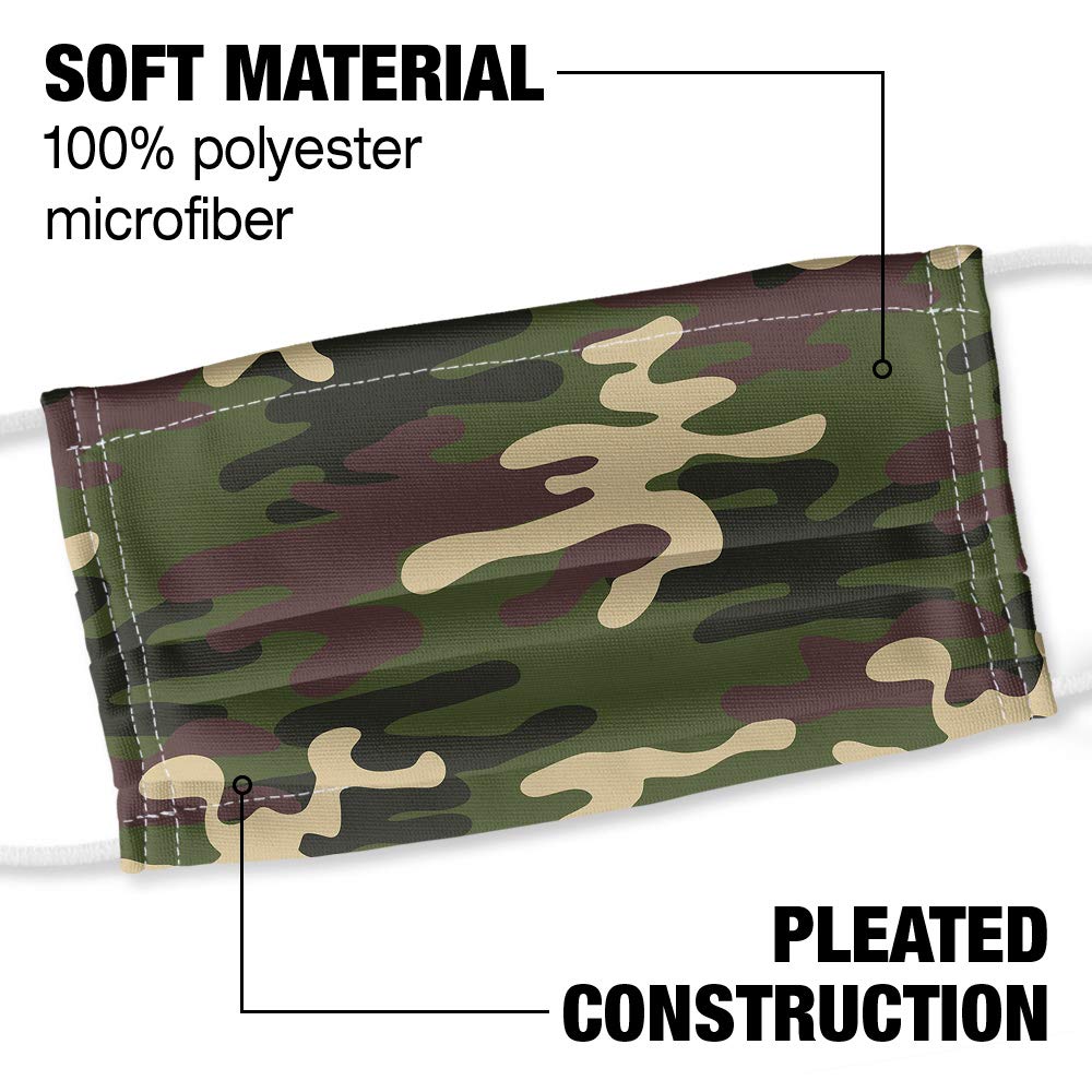 Green Camouflage 1-Ply Reusable Face Mask Covering with Adjustable Nose Wire, Unisex