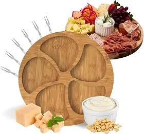 【Cozena】Kit Petisqueira de Madeira Redonda com Garfinhos para Petiscos e Ramekin