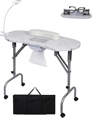 Mesa de manicura actualizada sobre ruedas con colector de polvo integrado, lámpara de mesa LED portátil, bolsa de transporte para el hogar, spa,