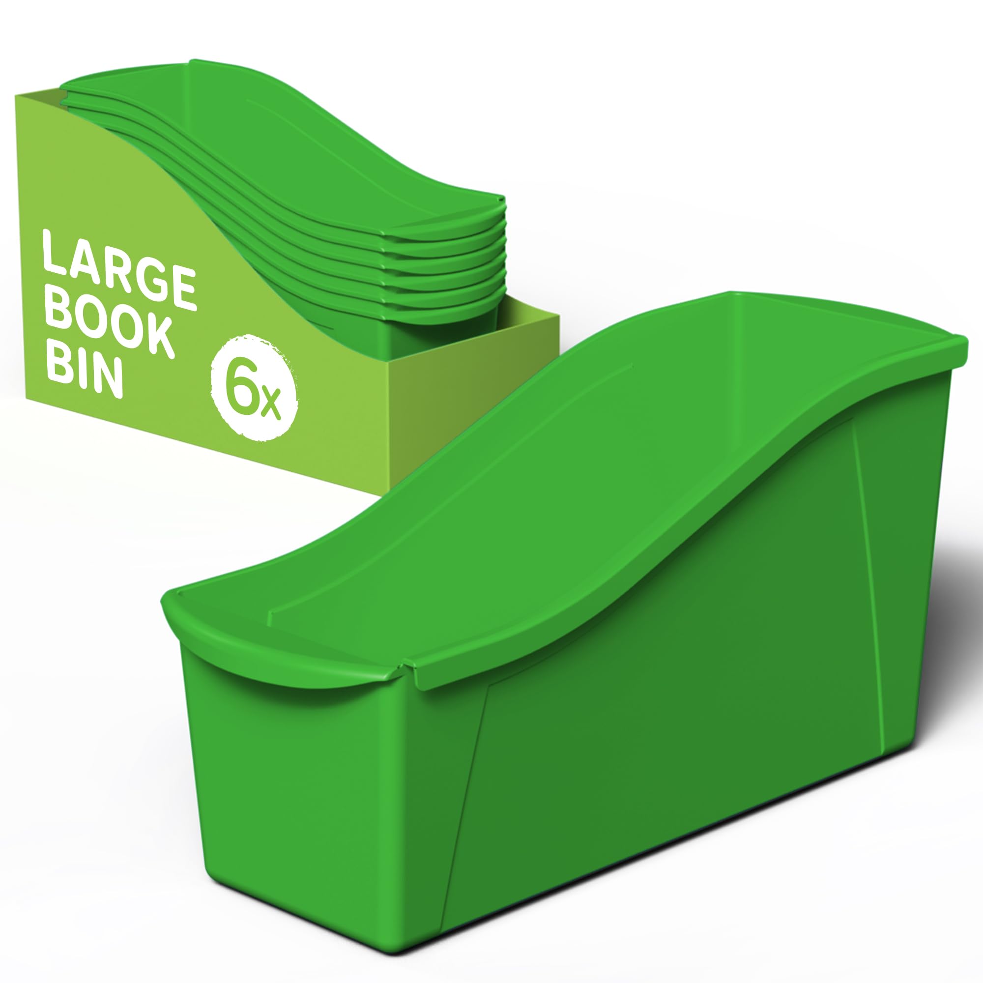 Storex Large Book Bin, Interlocking Plastic Organizer for Home, Office and Classroom, Green, 6-Pack (71104A06C)