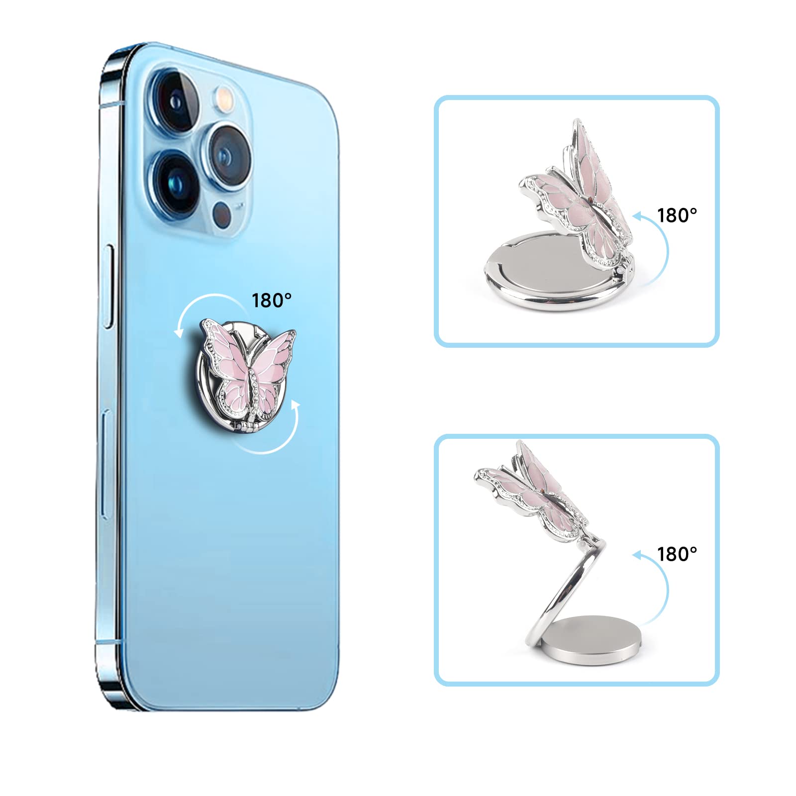 Soporte de anillo para teléfono, soporte de dedo de metal brillante, bonito soporte de anillo de mariposa para teléfono celular, rotación de 360°, agarre ajustable para teléfono, compatible con
