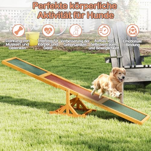 COSTWAY Hundewippe Holz, Hunde Agility Wippe, Outdoor Hundesport für Balance-Training, für kleine & große Hunde bis 60 kg, wetterfestes Spielset, 179 x 30 x 55 cm (Gelb)