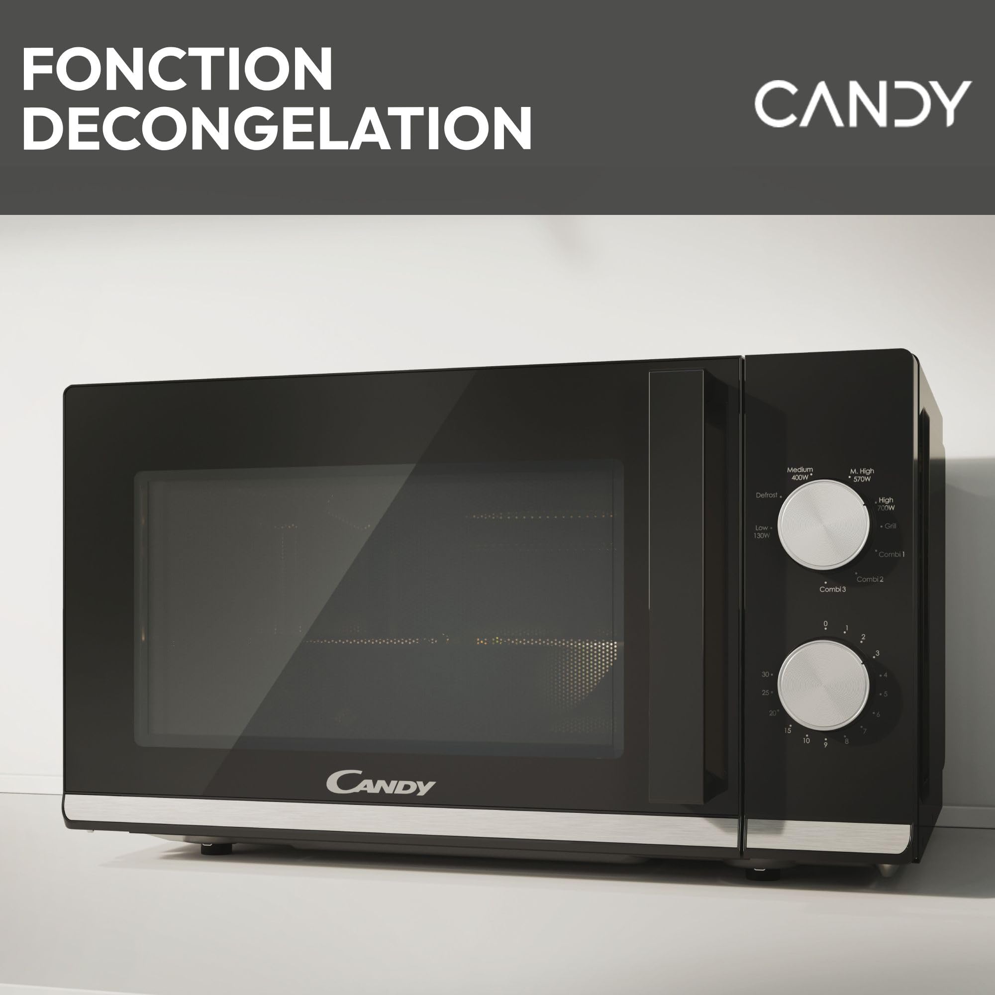 Candy Moderna CMG20TNMB Four Micro-ondes 700 W 20L , Fonction Gril, Fonction Décongélation, 20 litres, Plateau Tournant 24,5cm, Noir & Silver