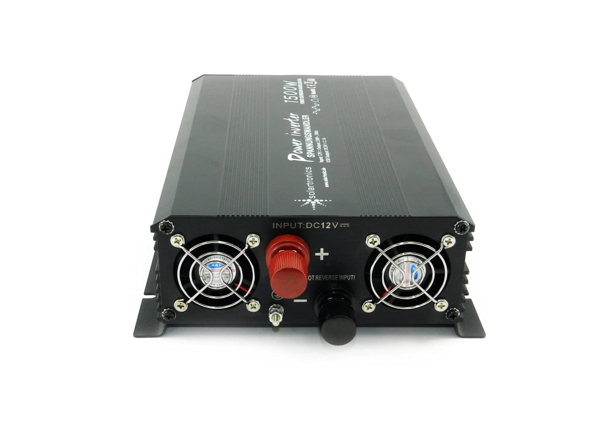 SOLARTRONICS Transformador de tensión NM1500 12 V 1500 W Negro – 3000 W de Potencia máxima – inversor de 12 V a 230 V – Batería de Plomo o AGM Compatible – con Conector Schuko y USB