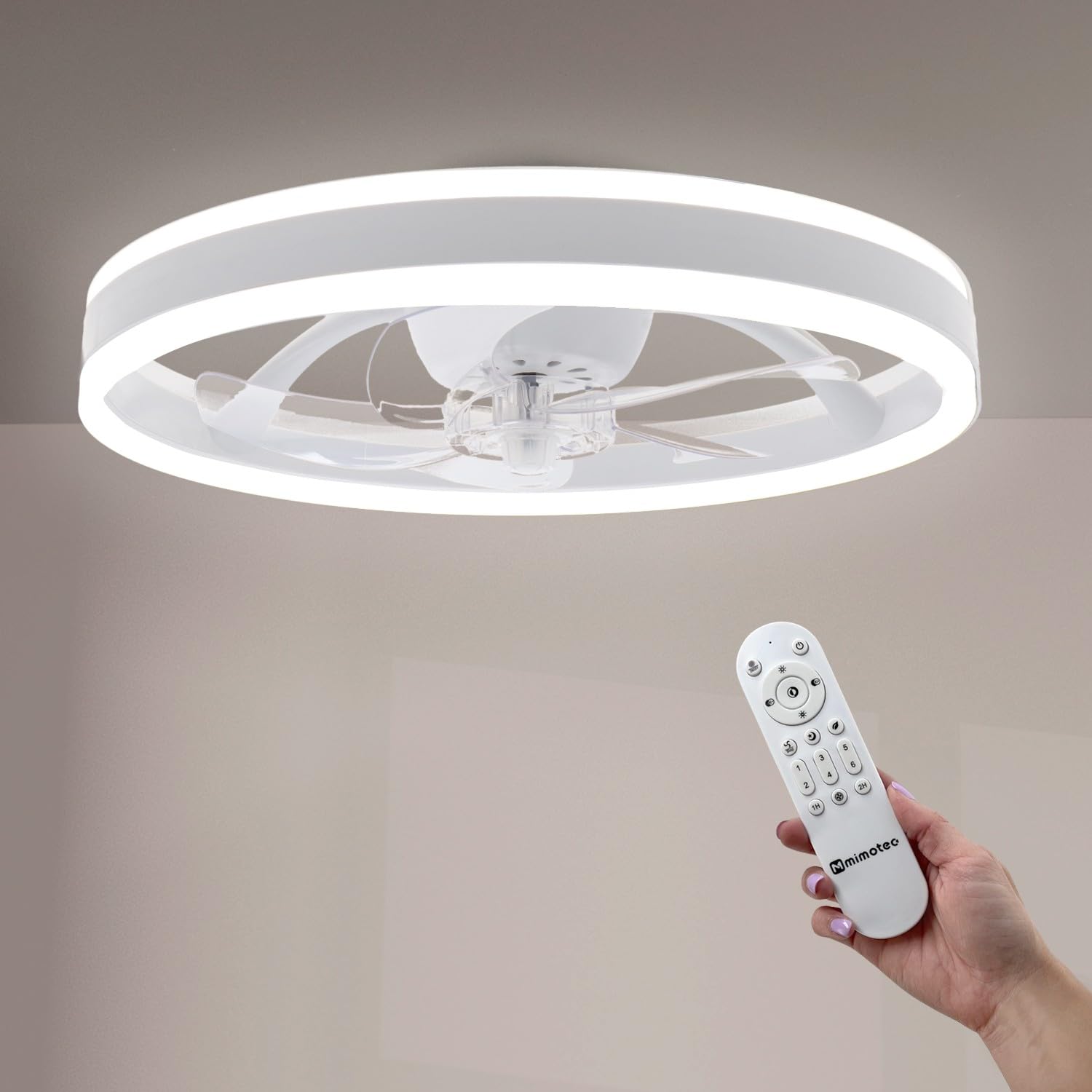 M mimotec - Wentylator sufitowy z oświetleniem LED Verona 36 W, biały i pilot zdalnego sterowania, silnik DC, 6 prędkości, styl lampy sufitowej, funkcja lato-zimowa, timer, z aplikacją