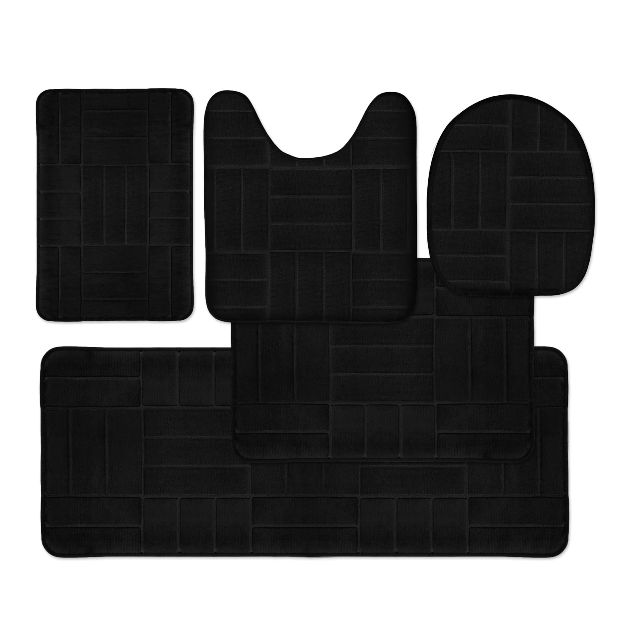 Effiliv Bathroom Rug Set 5 Piece - Memory Foam Bathroom Mat Set, Soft and Comfortable, Non-Slip Thick Absorbent Bath Mats, Machine Washable, Black