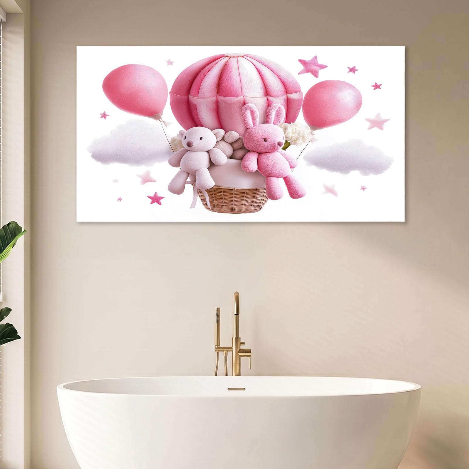 Leinwandbild 90 x 60 cm Wandbild Cartoon - Bild auf Leinwand mit Rosa Heißluftballon Teddybär Stern, Wanddeko für Wohnzimmer, Schlafzimmer, Büro Deko Zimmer