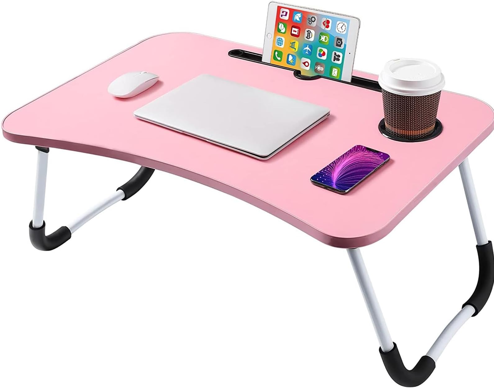 NTEK Laptop Bed Table | Portable Standing Desk with Foldable Legs & Cup Slot | Notebook Table for Laptop, Eating, Reading, Watching Movie on Bed/sofa (PINK)