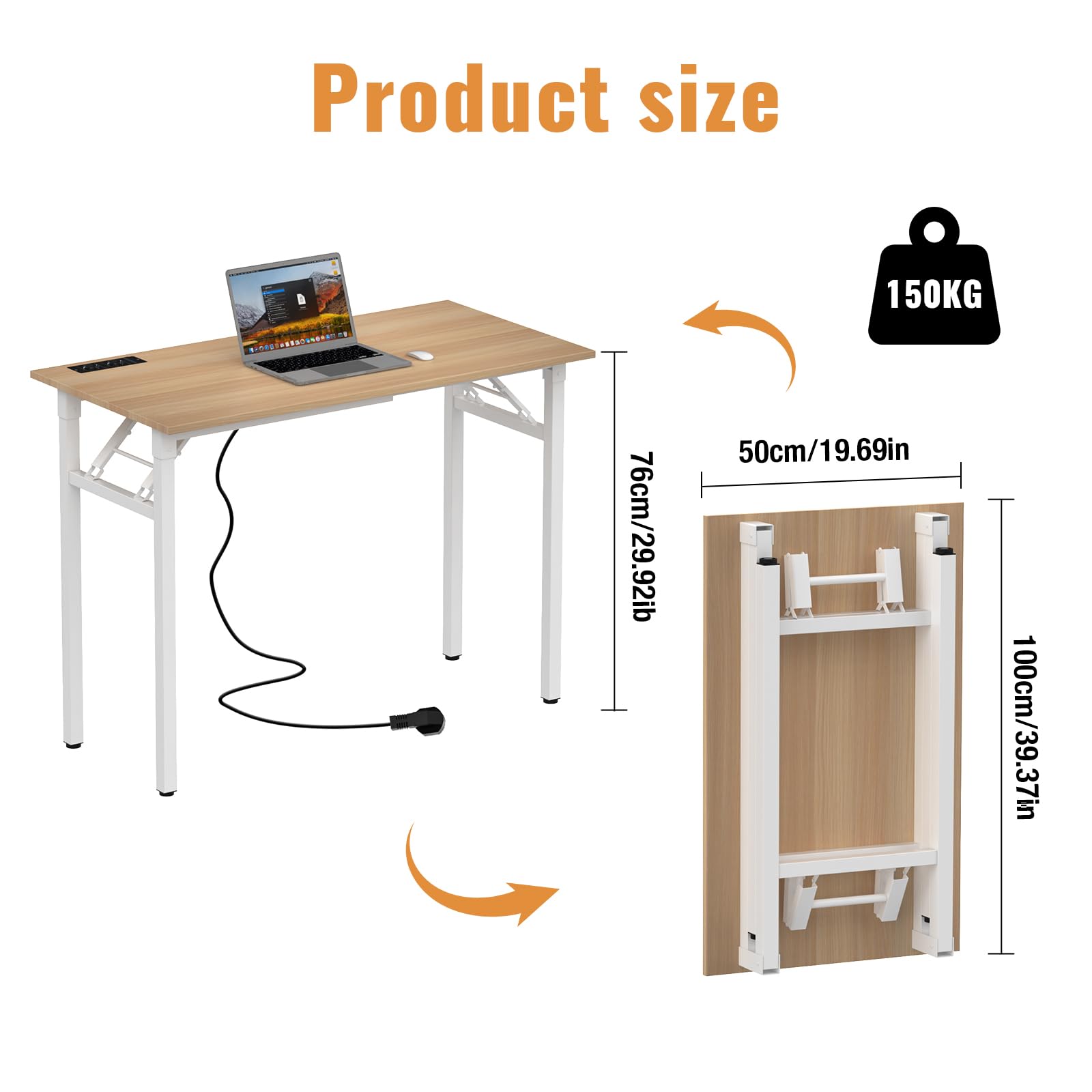 100x50cm Schreibtisch Klappbar, Klappbarer Schreibtisch Kleiner, Computertisch Mit Integrierter Ladestation, Platzsparend, Laptoptisch Klappbar fürs Büro, Homeoffice. (Eiche, 100x50x76cm)